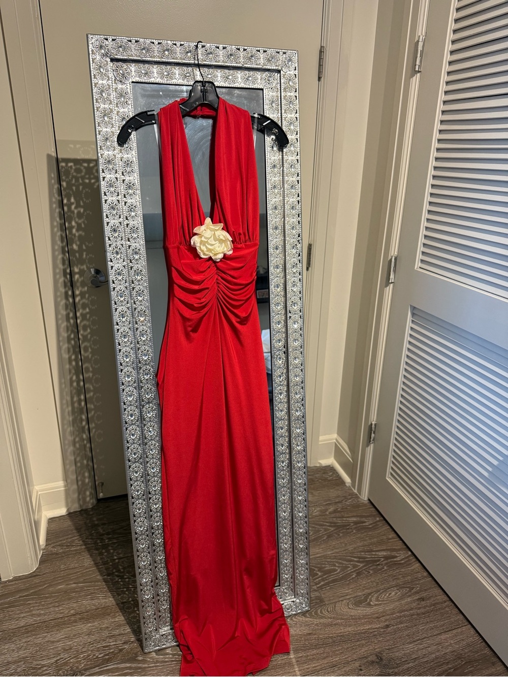Red Backless Evening Gown with Cream Floral Accent